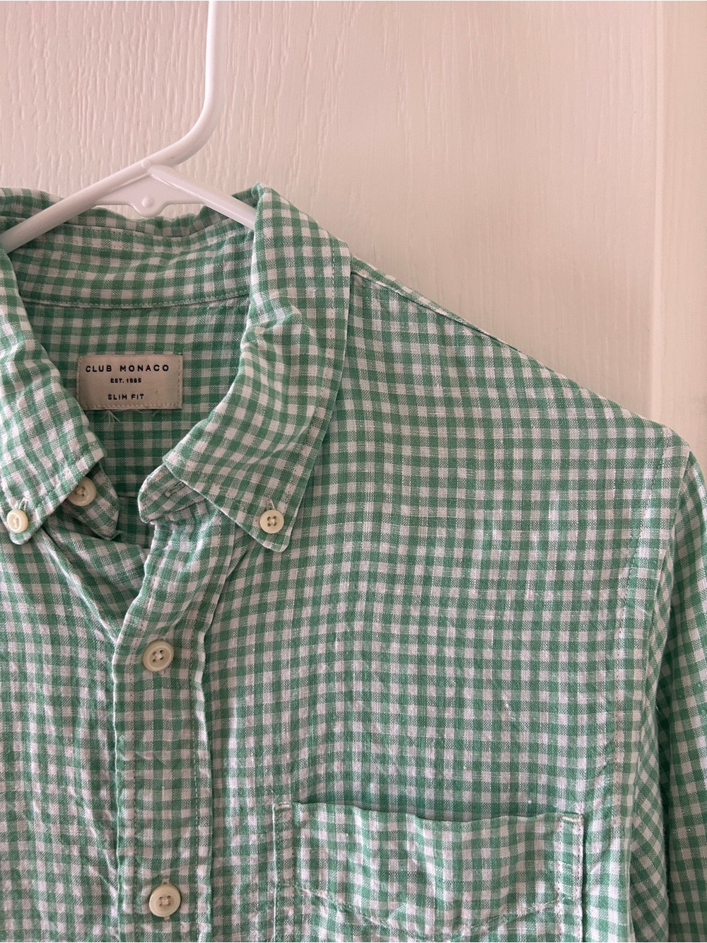 Club Monaco Men's 100% Linen Gingham Button Down Shirt - Green/White Small